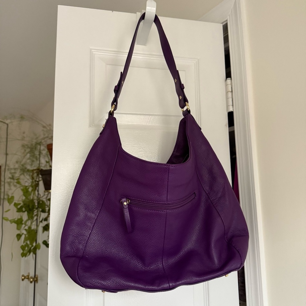 Ora Delphine Purple Pebbled Genuine Leather Two Zipper Purse Gold Hardware - Picture 4 of 12